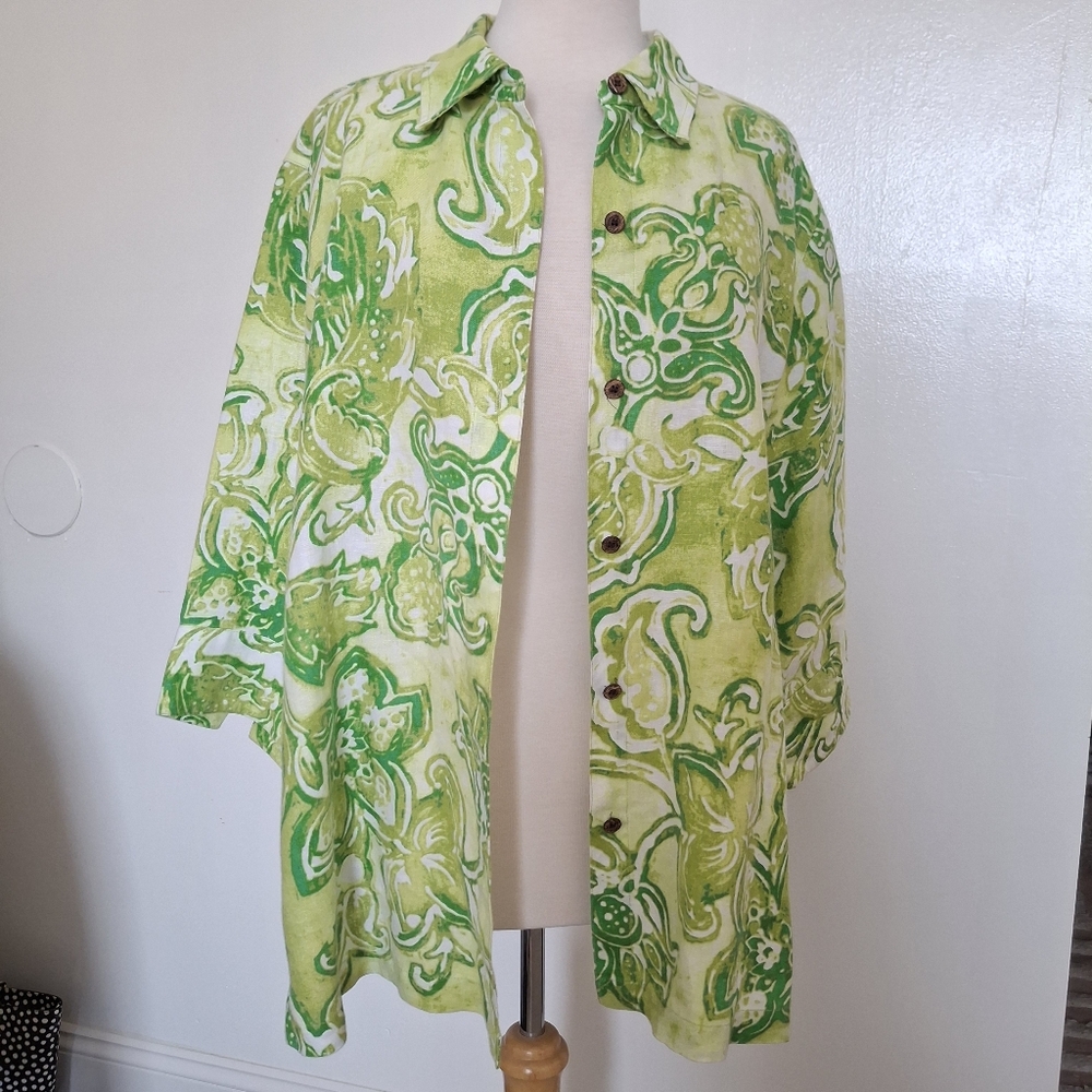Chicos 100% Linen Sz 3 /XL Button Down Over Shirt Tunic Green Floral Tropical